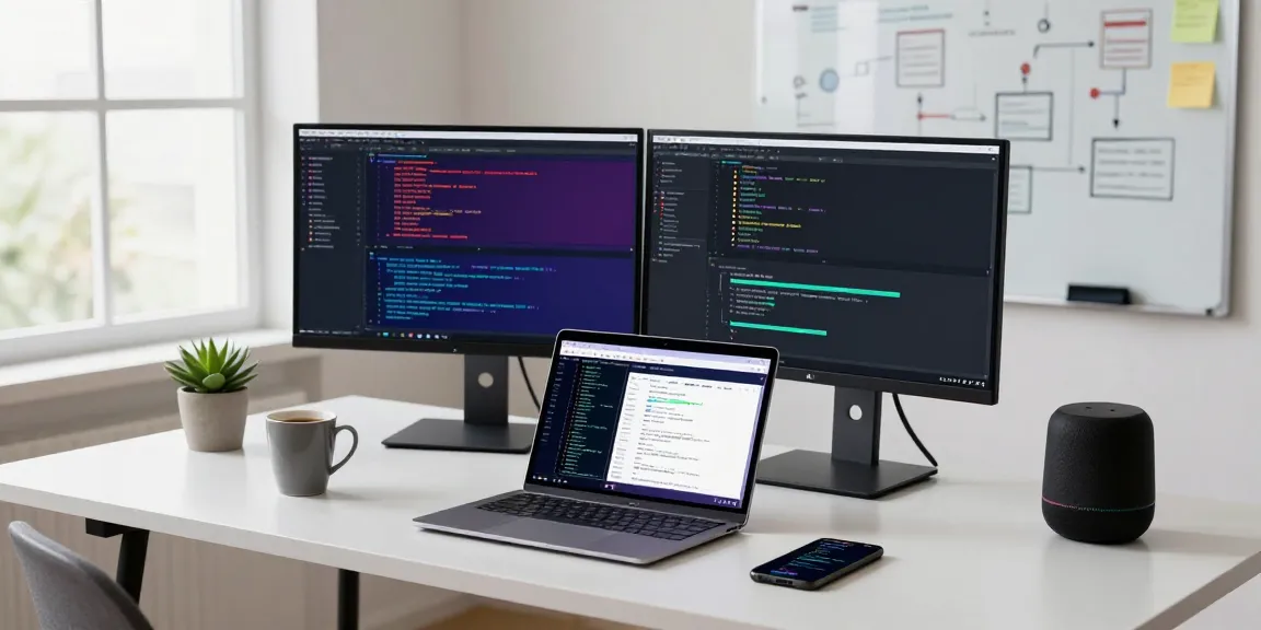 Engaging digital workspace depiction for telegram官网 developers with coding interfaces and innovative tools.