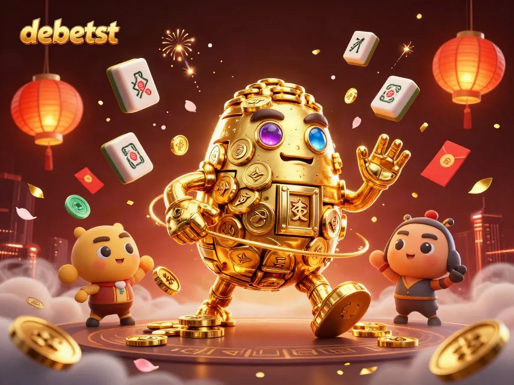 Engage with debetst's vibrant 3D illustration of a golden golem amidst casino elements.