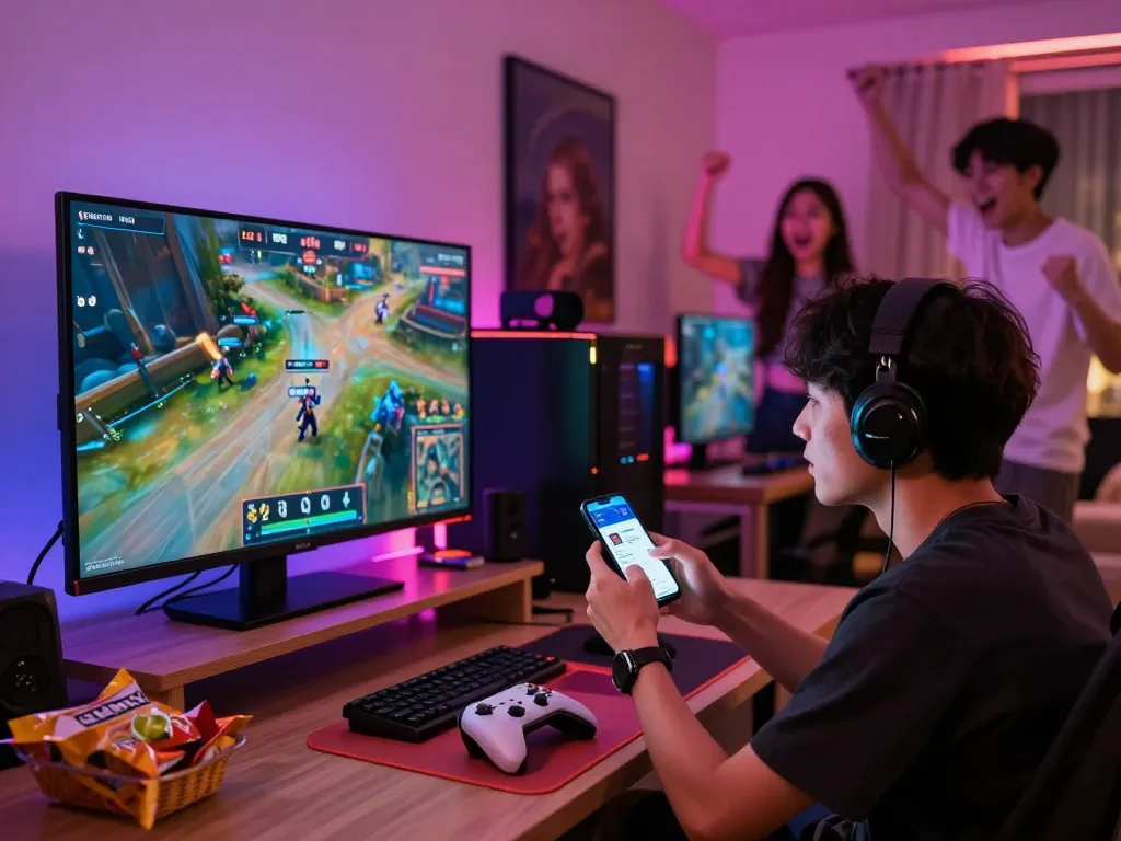 Engaged in esports betting Singapore with friends while watching a live match in a vibrant setting.