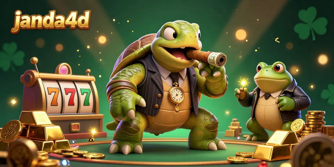 Ilustrasi 3D janda4d menampilkan kura-kura besar dalam setelan gangster mendukung permainan slot dengan harta melimpah.