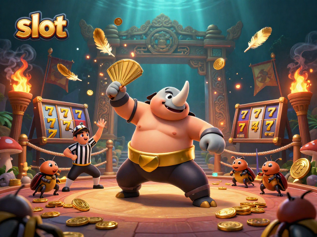 Experience the thrill of slots with a dynamic scene showcasing a rhinoceros beetle champion in action.