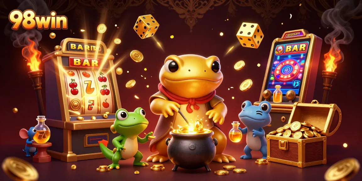 Celebrate big wins at 98win with vivid scenes of golden alchemy and casino excitement.