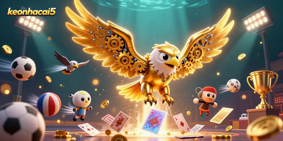 Experience keonhacai5's vibrant sports betting scene featuring a golden eagle amid dynamic gambling elements.