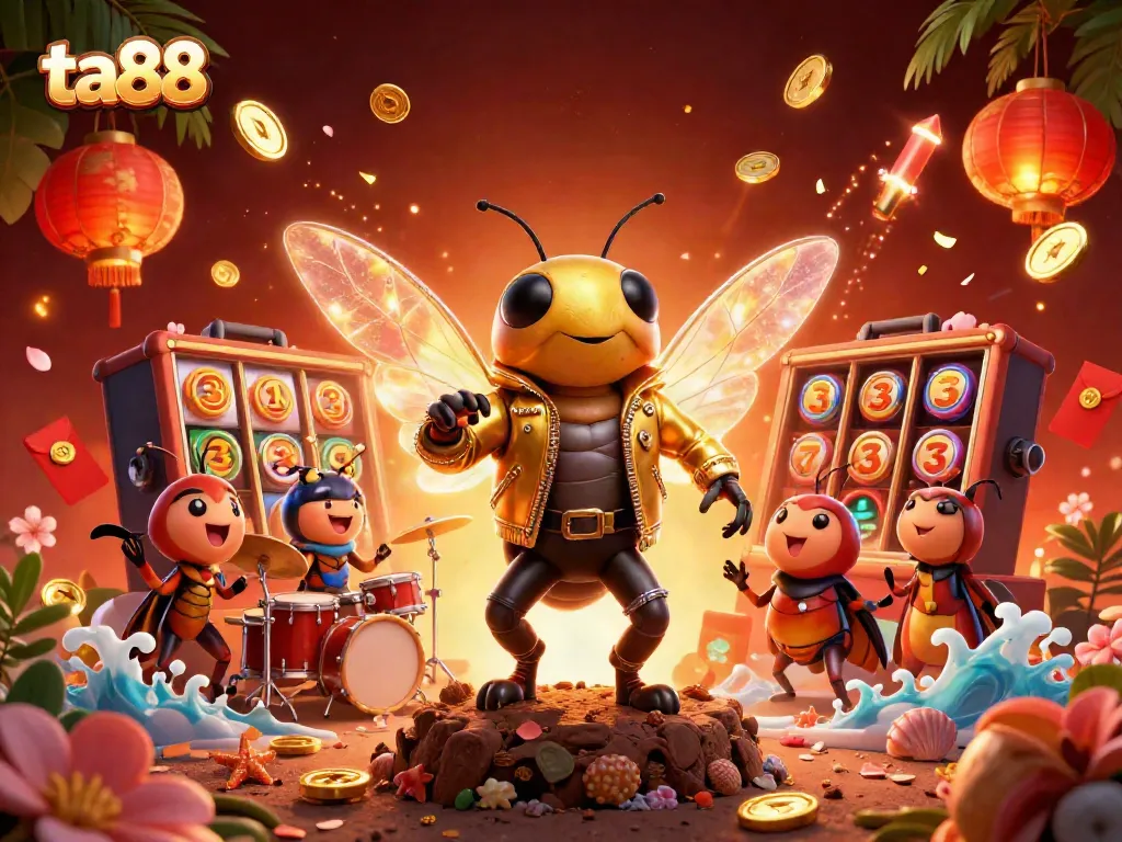 Engage with ta88's vibrant casino scene featuring a rock star cicada at a jackpot celebration.