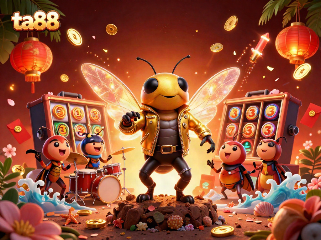 Engage with ta88's vibrant casino scene featuring a rock star cicada at a jackpot celebration.