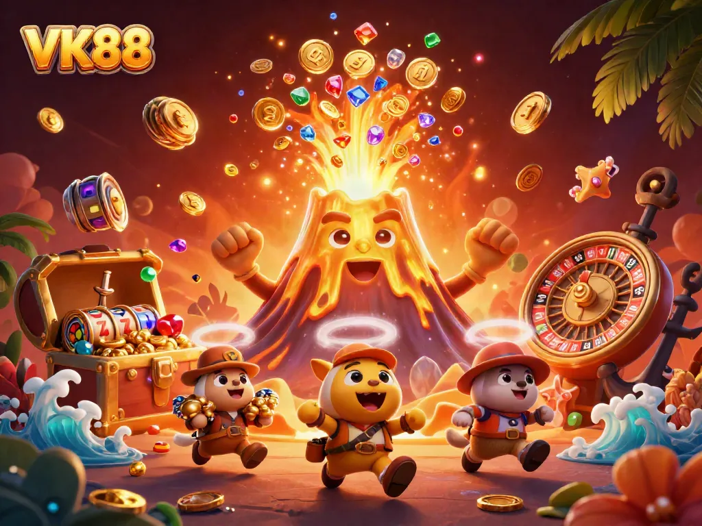 Experience VK88 with a golden volcano erupting coins and treasures in this dynamic casino scene.