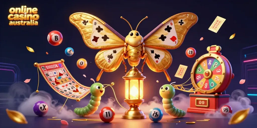 Experience exciting gameplay at online casino Australia, featuring vibrant casino elements and a captivating moth.