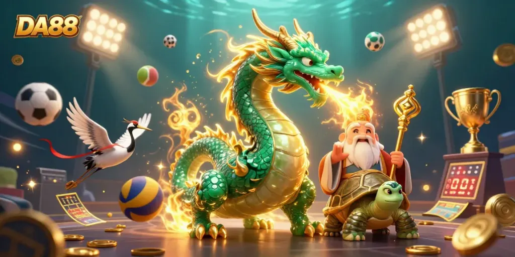 Experience thrilling action with DA88 rich 3D illustration of a jade dragon, bonus symbols, and lucky charms.