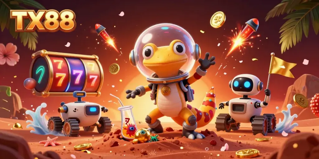Experience the thrill of TX88 with a Martian gecko discovering a golden casino in this vibrant illustration.