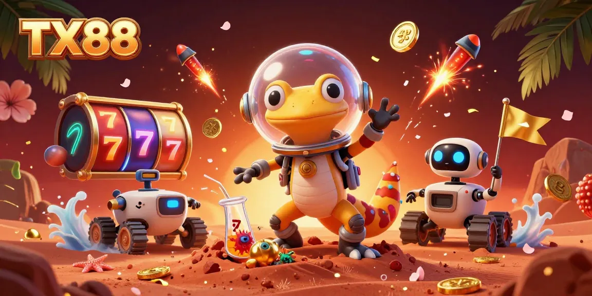 Experience the thrill of TX88 with a Martian gecko discovering a golden casino in this vibrant illustration.