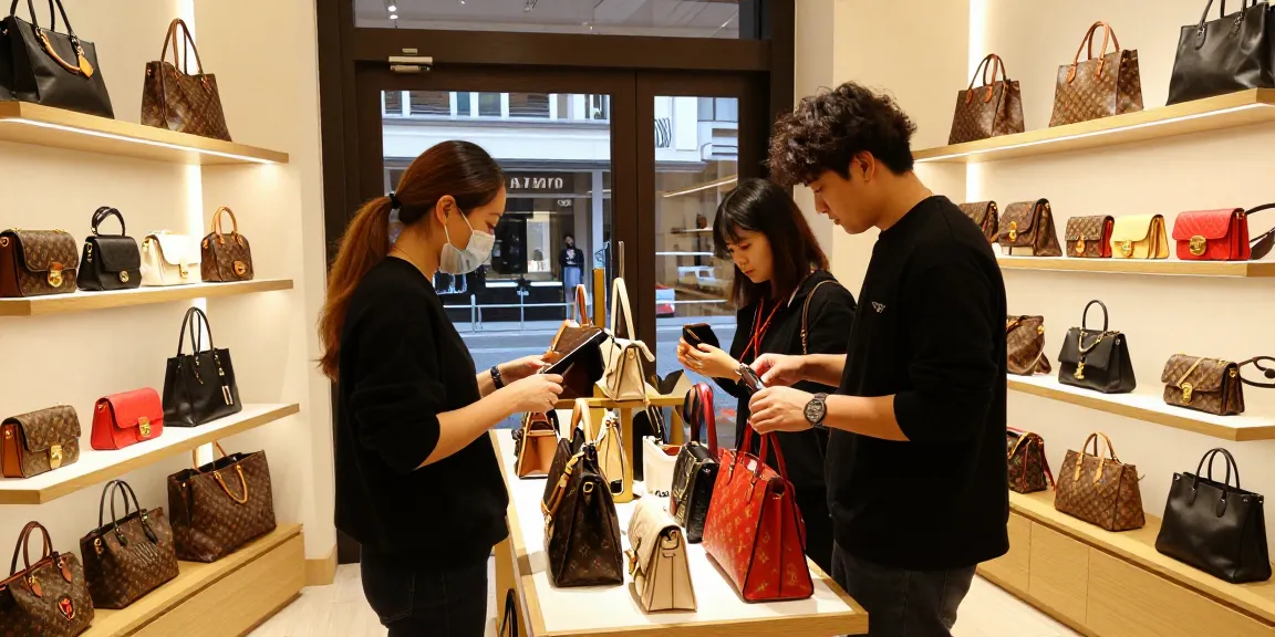 High-quality 레플리카 designer bags displayed in a stylish boutique, showcasing attentive customer engagement.