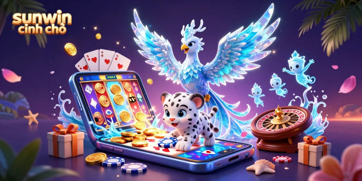 Engage with sunwin chính chủ through colorful casino games in this vibrant 3D illustration.