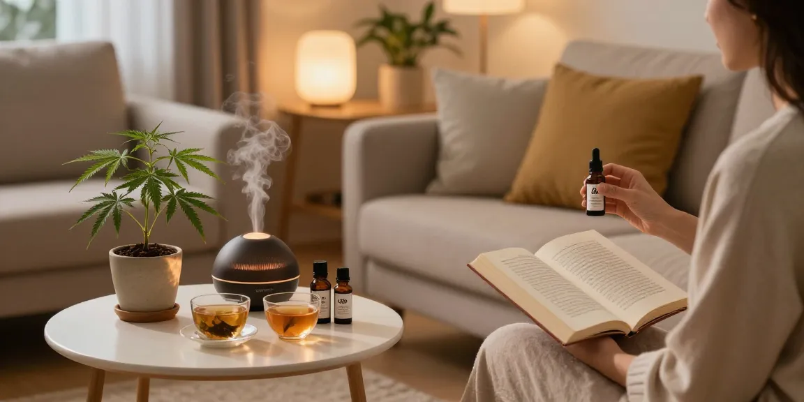 Muha meds CBD oil tincture in a relaxing living room setting with wellness products and a hemp plant, promoting natural health.