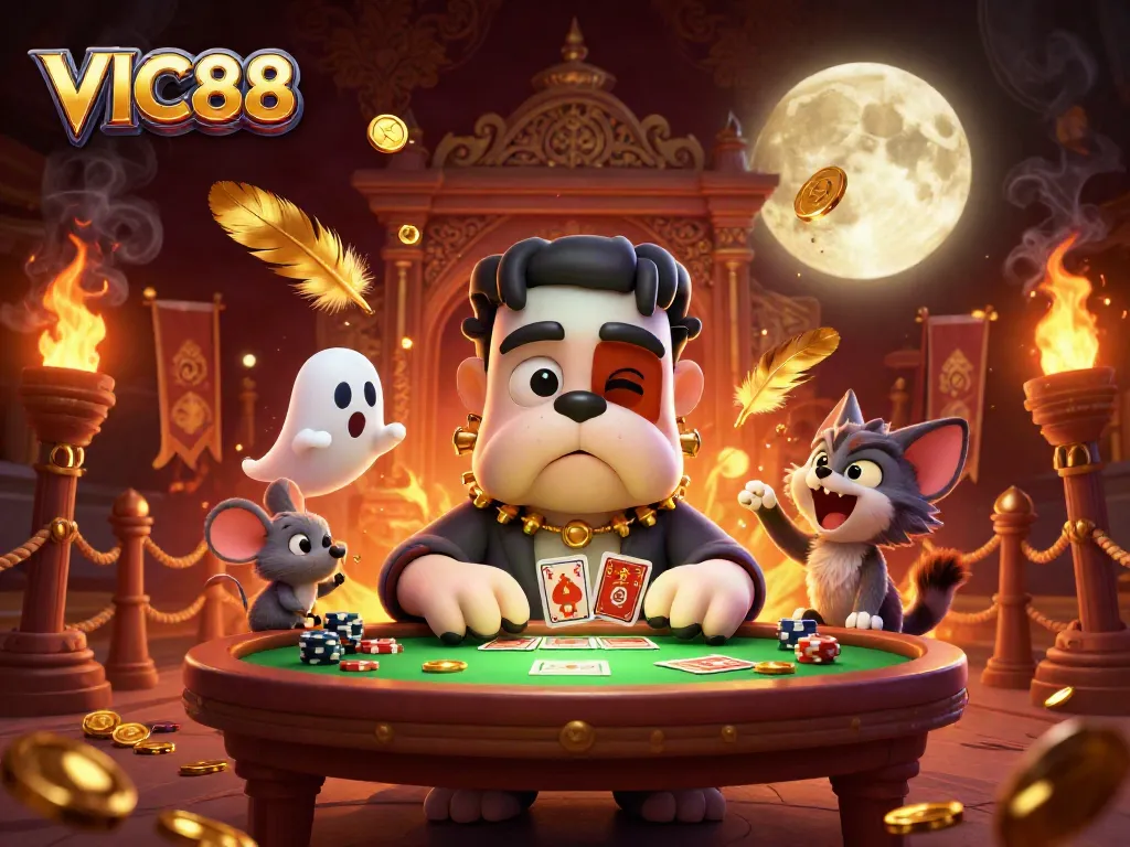 VIC88 cards are dealt by a cartoon bulldog monster in a vibrant casino scene filled with excitement.