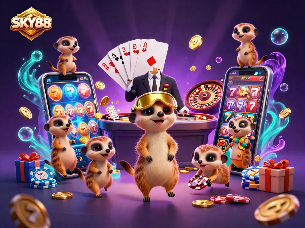 Engage in thrilling gaming fun with SKY88's vibrant meerkat casino adventure featuring slots.