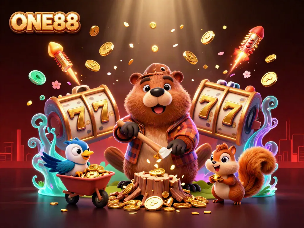 Join the excitement at ONE88 with vibrant visuals of 3D characters amidst slot reels and golden coins!