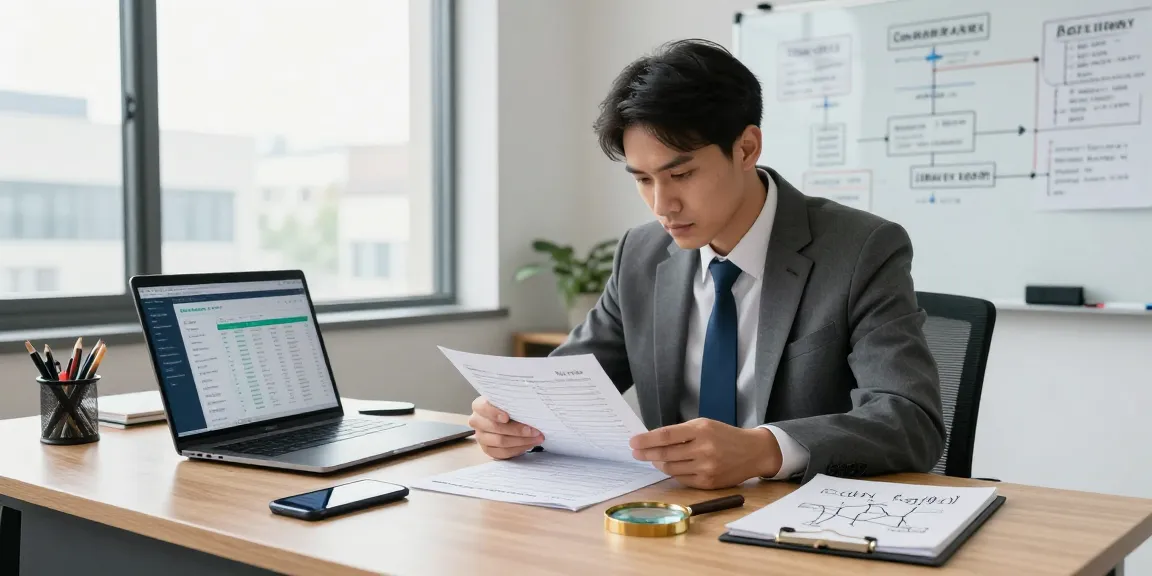 Focused professional investigating asset tracing documents in a modern office.