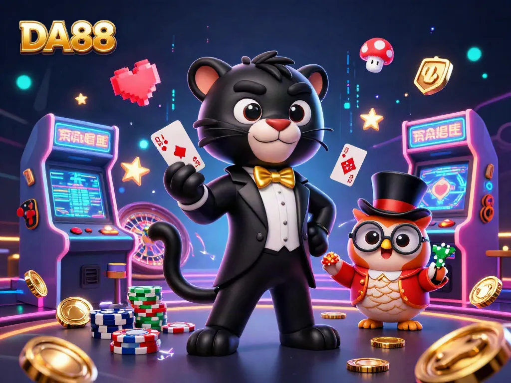 DA88 players enjoying a vibrant 3D casino scene with a stylish panther dealer, an owl, and a mouse.