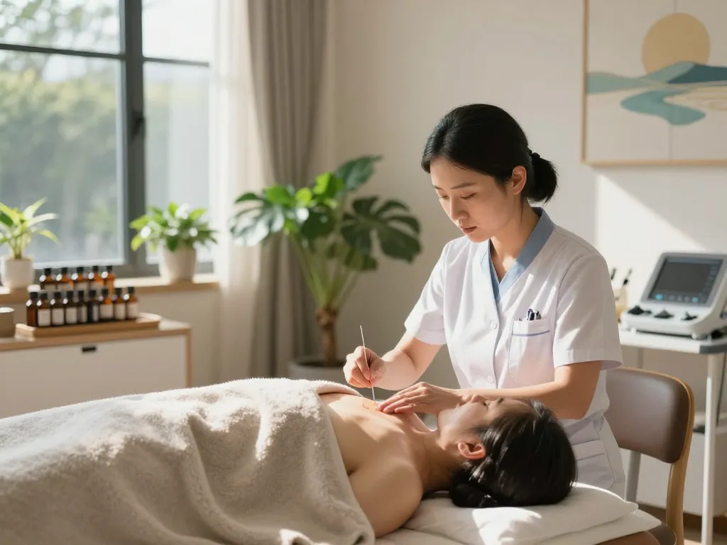 Experienced acupuncturist treating a patient at 수원한의원 in a calming wellness clinic.