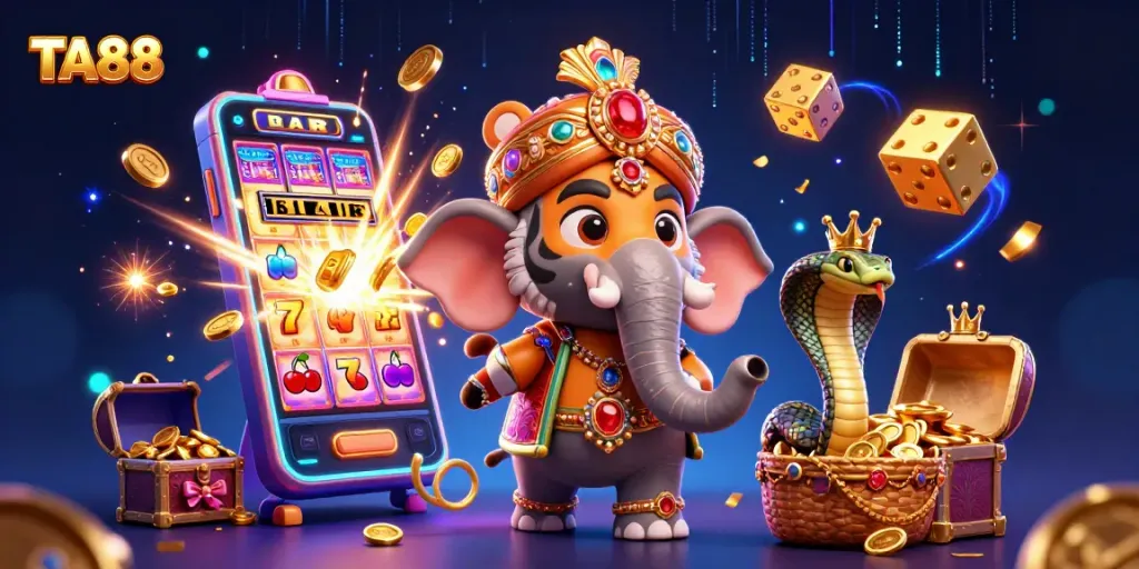 Experience TA88's grand gaming adventure with a jewel-encrusted scene filled with jackpots and excitement.