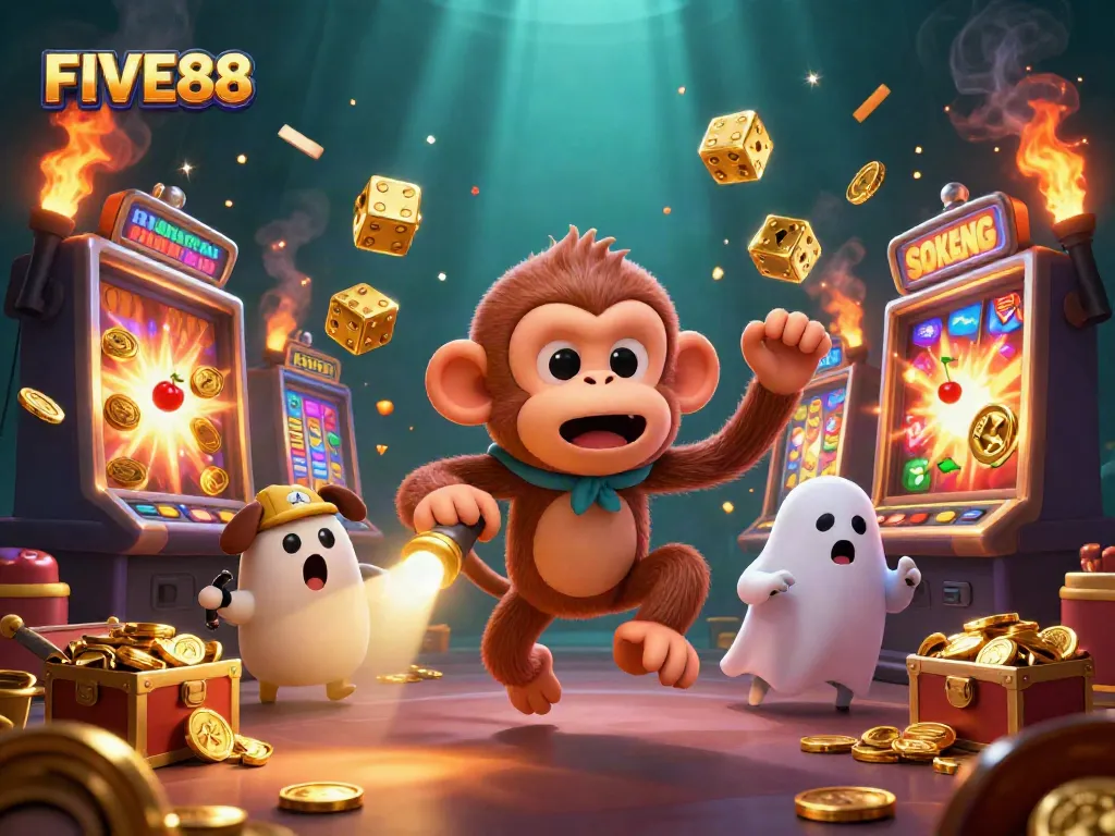 Engage with GOLDEN rewards at FIVE88's thrilling casino scene featuring a mischievous monkey and ghost-hunter puppy.