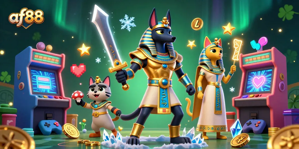 Win big at af88 with the epic ancient Egyptian-themed casino illustration featuring Anubis and gaming elements.