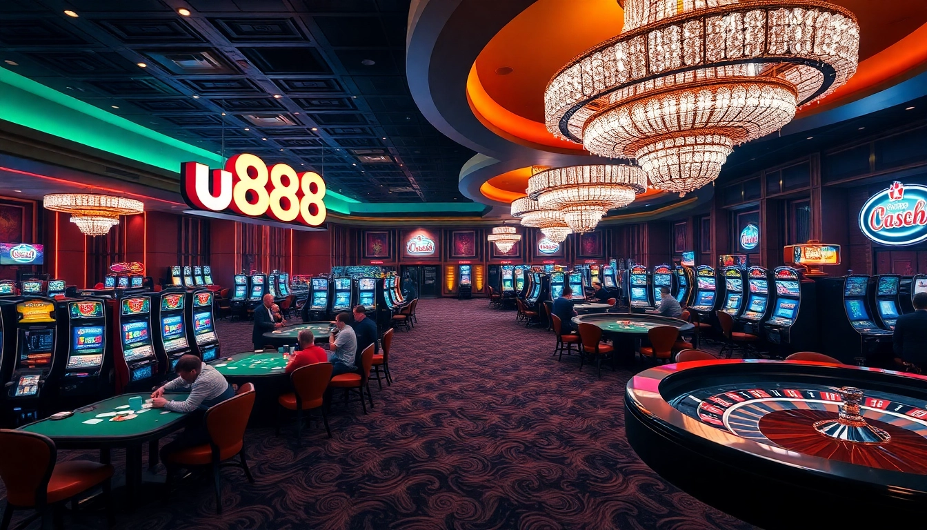 Experience the excitement of u888 at a luxurious casino featuring vibrant gaming tables and slot machines.