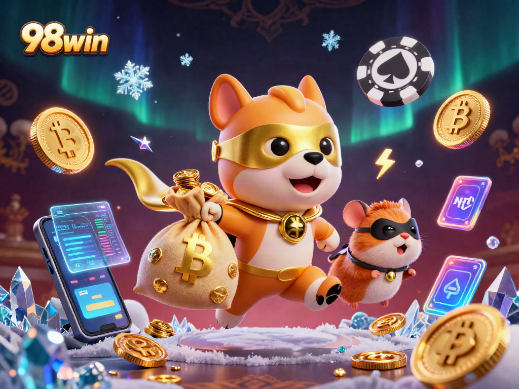 Experience excitement with 98win's cartoon-themed crypto casino featuring flying characters and vibrant gaming elements.