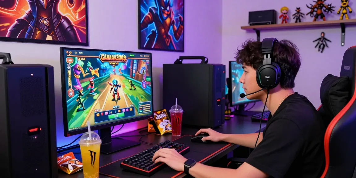 Engaged player enjoying garuda303 slot game in a colorful gaming setup with vibrant LED lights.