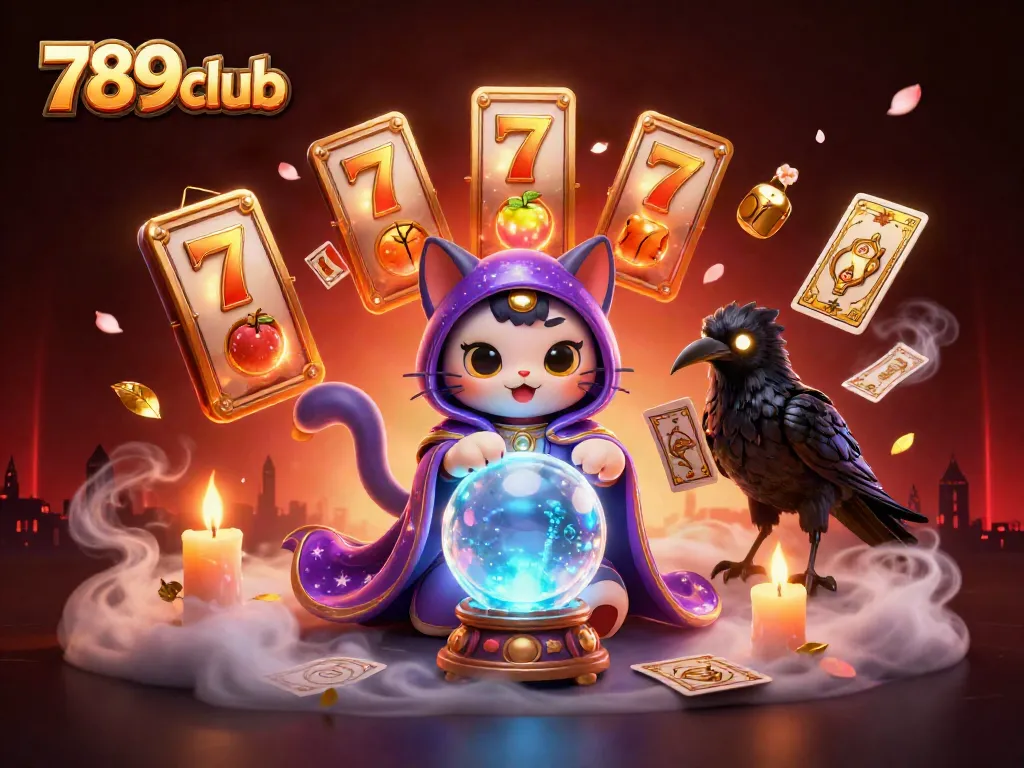 Experience 789club's thrilling casino action with a mystical cat and raven in a magical atmosphere filled with fortune elements.