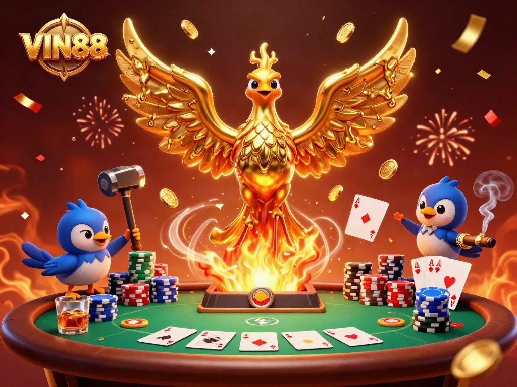 Experience the thrill of winning at VIN88 with a stunning gold phoenix and poker elements in action.
