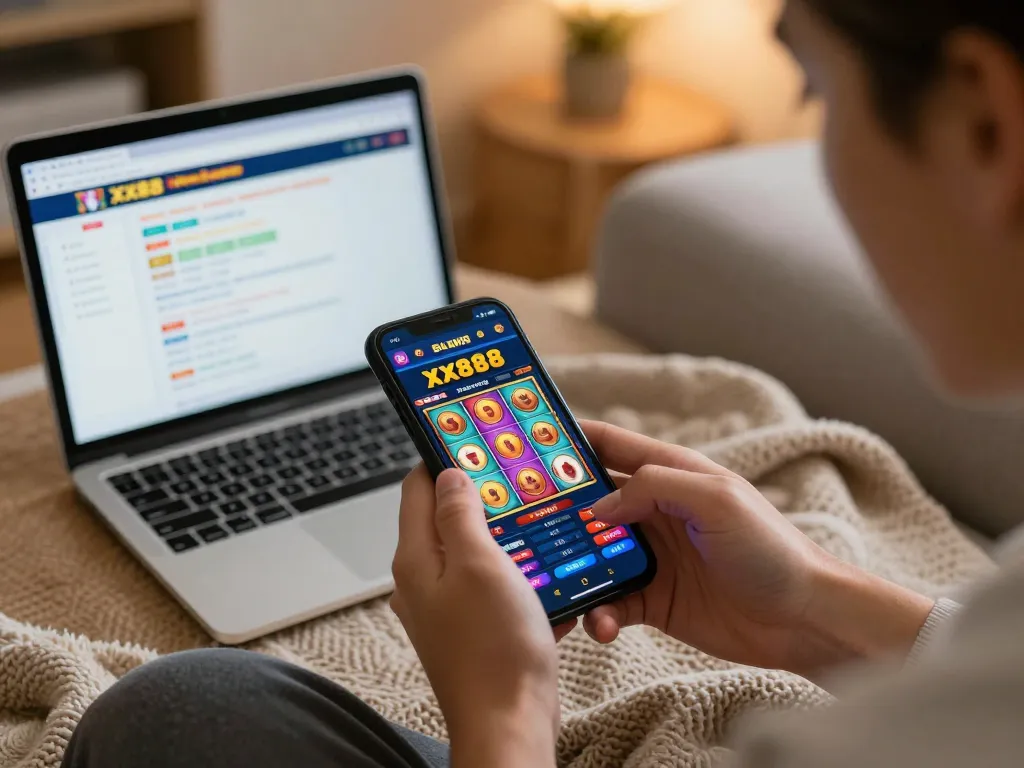 Engaging in online betting with xx888 on smartphone amidst cozy home atmosphere.