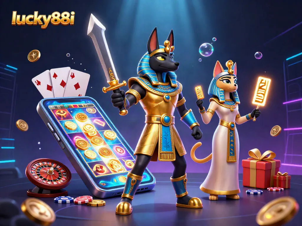 Spin the reels at lucky88i, featuring a dynamic scene with Anubis and Bastet amid vibrant casino elements.