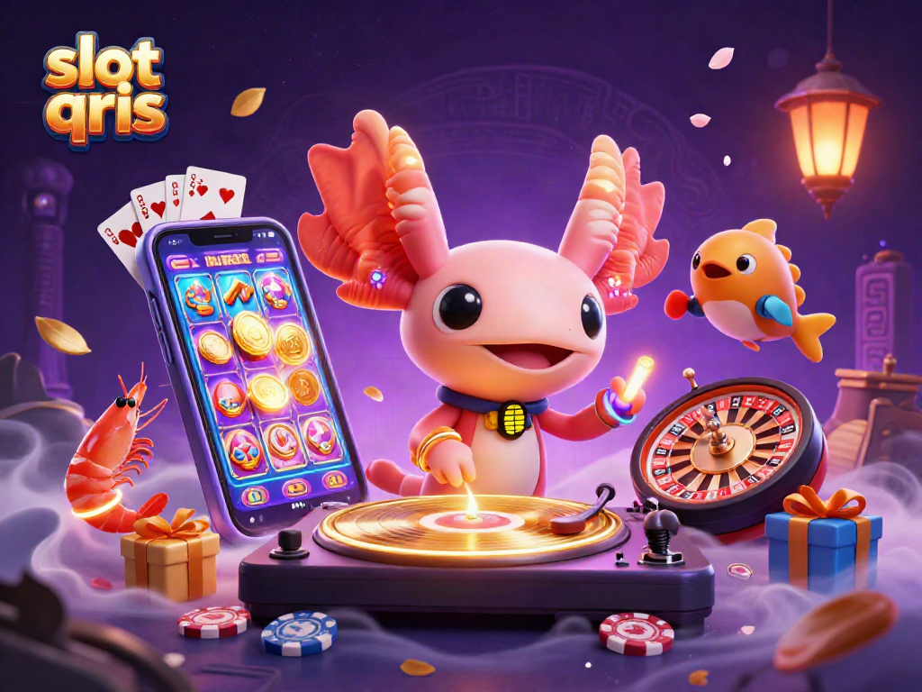 Engage with slot qris in a vibrant scene featuring a DJ axolotl and dynamic gambling elements.