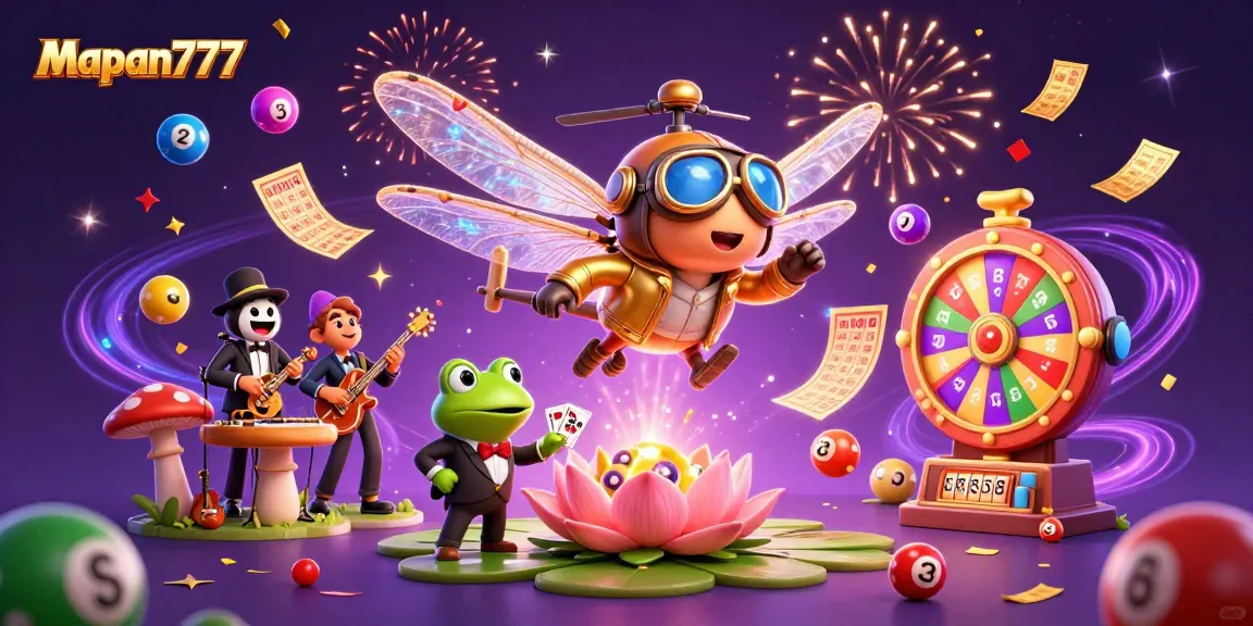 Engage in thrilling gameplay with Mapan777 at a vibrant lily pad casino featuring colorful game elements.