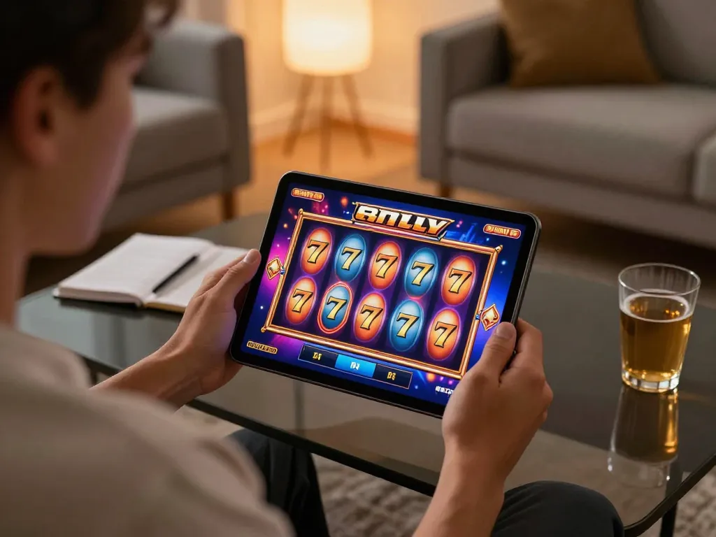 Engaging in slot 777 games from a cozy home, person focused on tablet gameplay.