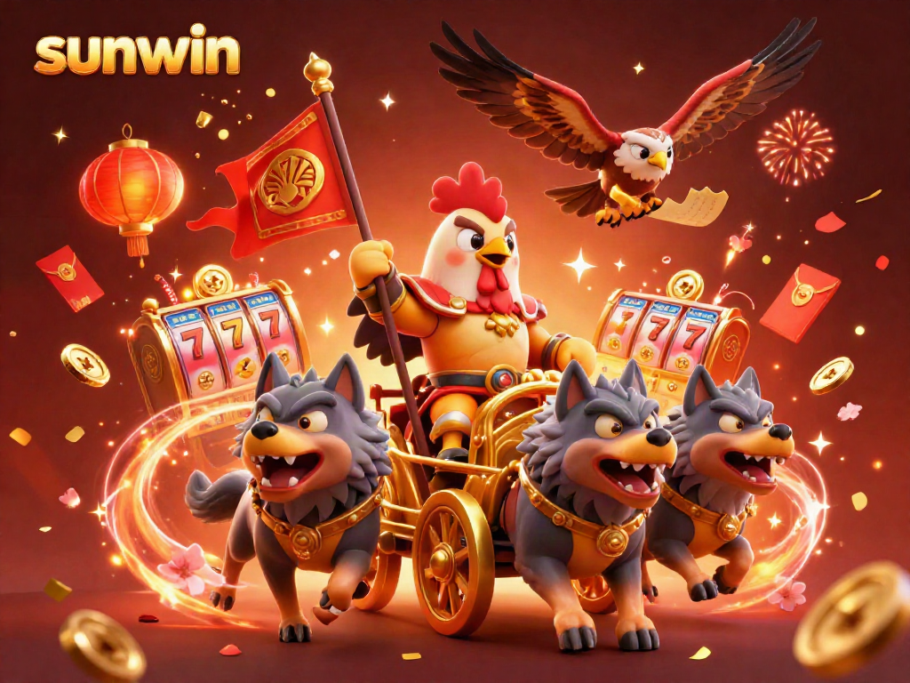 Engage with sunwin's vibrant gaming scene, featuring 3D rooster warlord and casino elements.