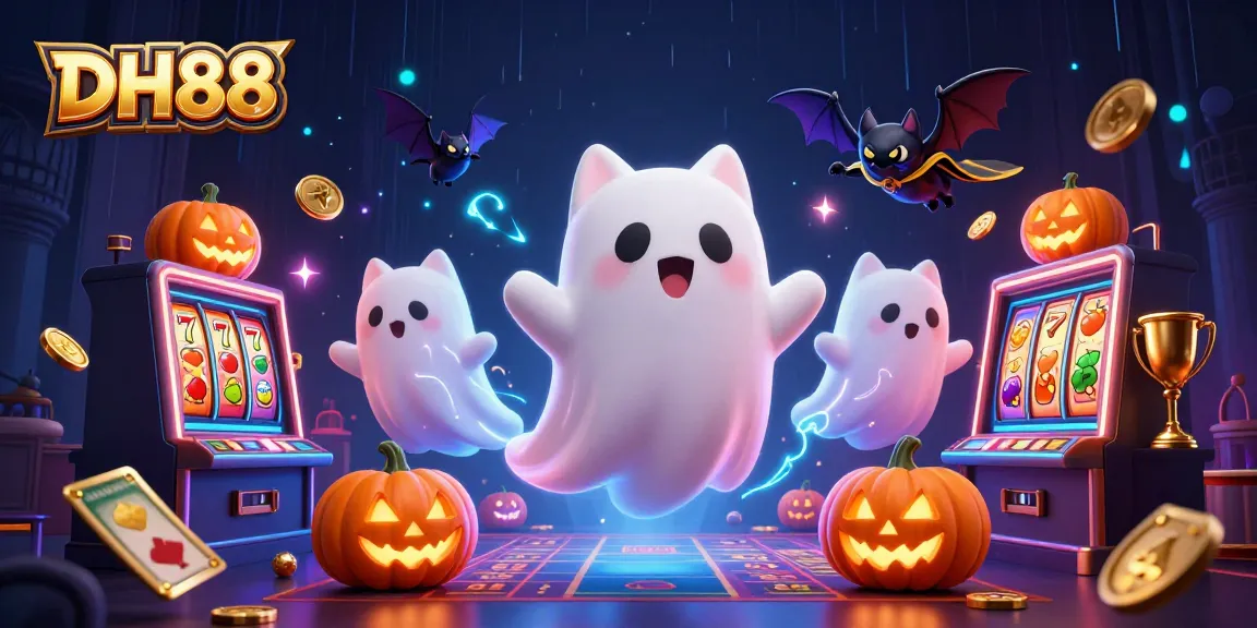 Engage with DH88's vibrant casino scene featuring a whimsical ghost cat and dynamic game elements.