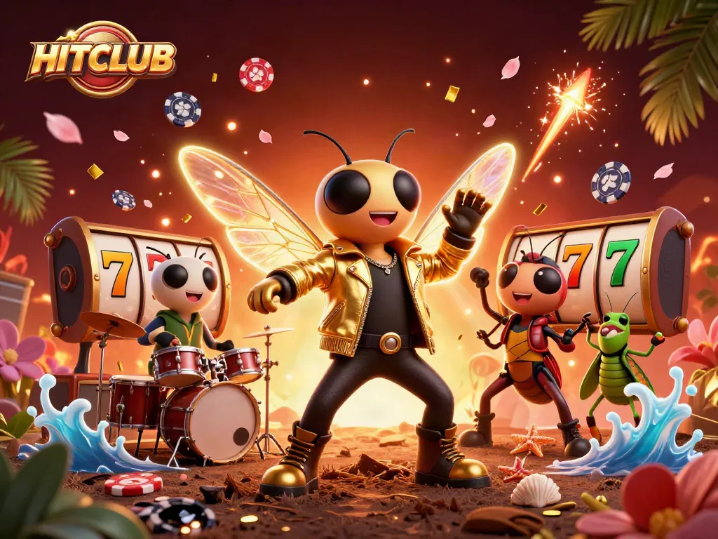 Join the excitement at HITCLUB with vibrant casino elements and rock star characters!