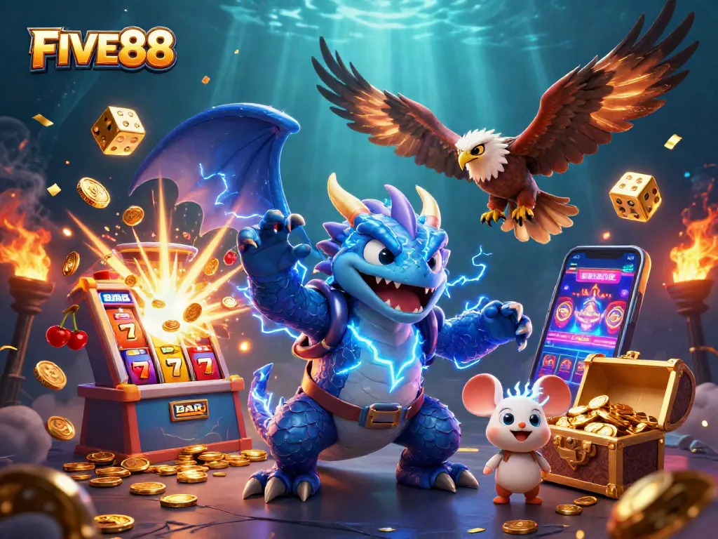 Experience thrilling wins with FIVE88's jackpot slots in a vibrant casino illustration