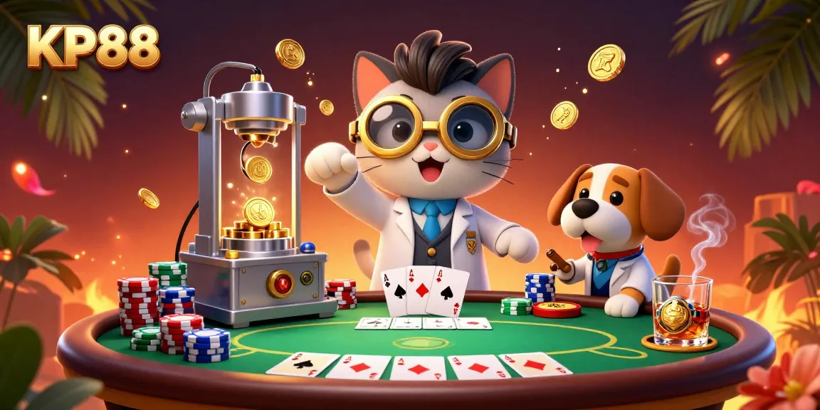 Engage with KP88's thrill of poker in an ultra-detailed 3D scene featuring a mad scientist cat and dog.