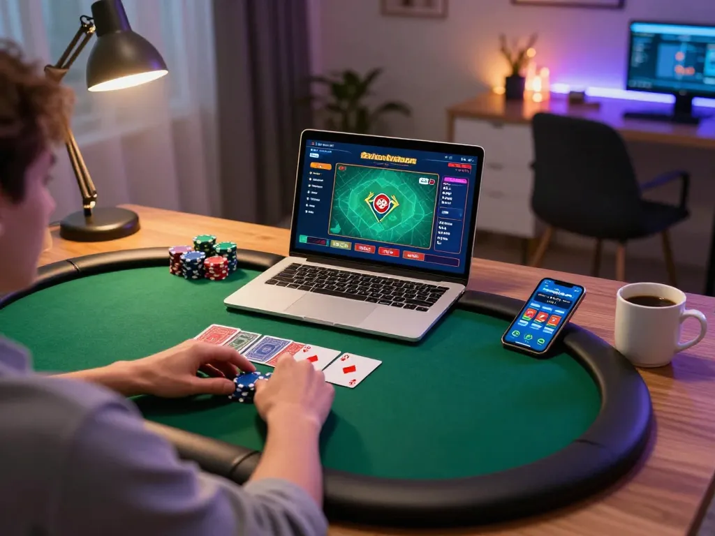 Engaging with online gambling on trang chủ rr88 through a modern home setup displaying poker gameplay