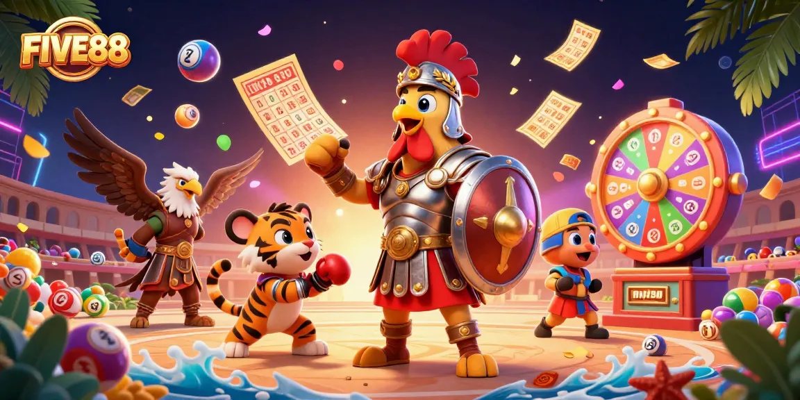 Experience thrilling gaming with FIVE88, featuring rich casino elements and action-packed characters.