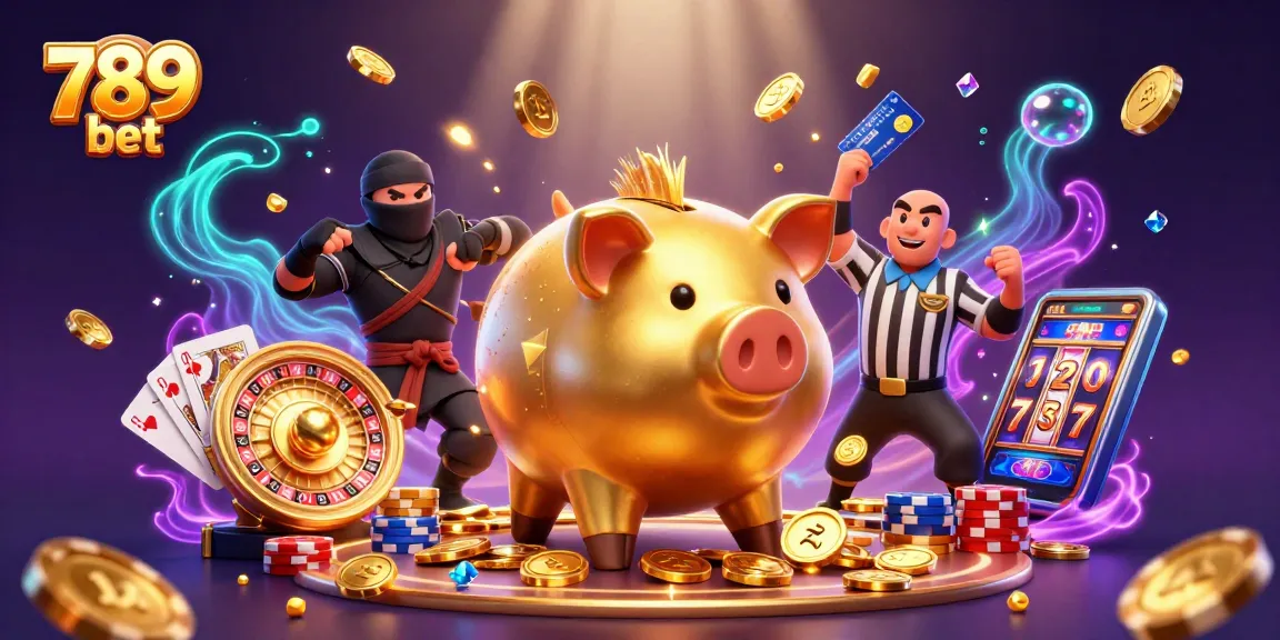 Engage in thrilling fun at 789 bet with our colorful casino scene featuring a golden piggy bank sumo wrestler.