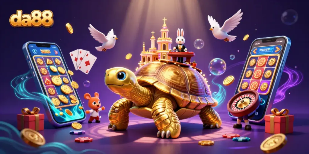 Experience da88 like never before with this dynamic casino scene featuring a golden tortoise and rabbit dealer.