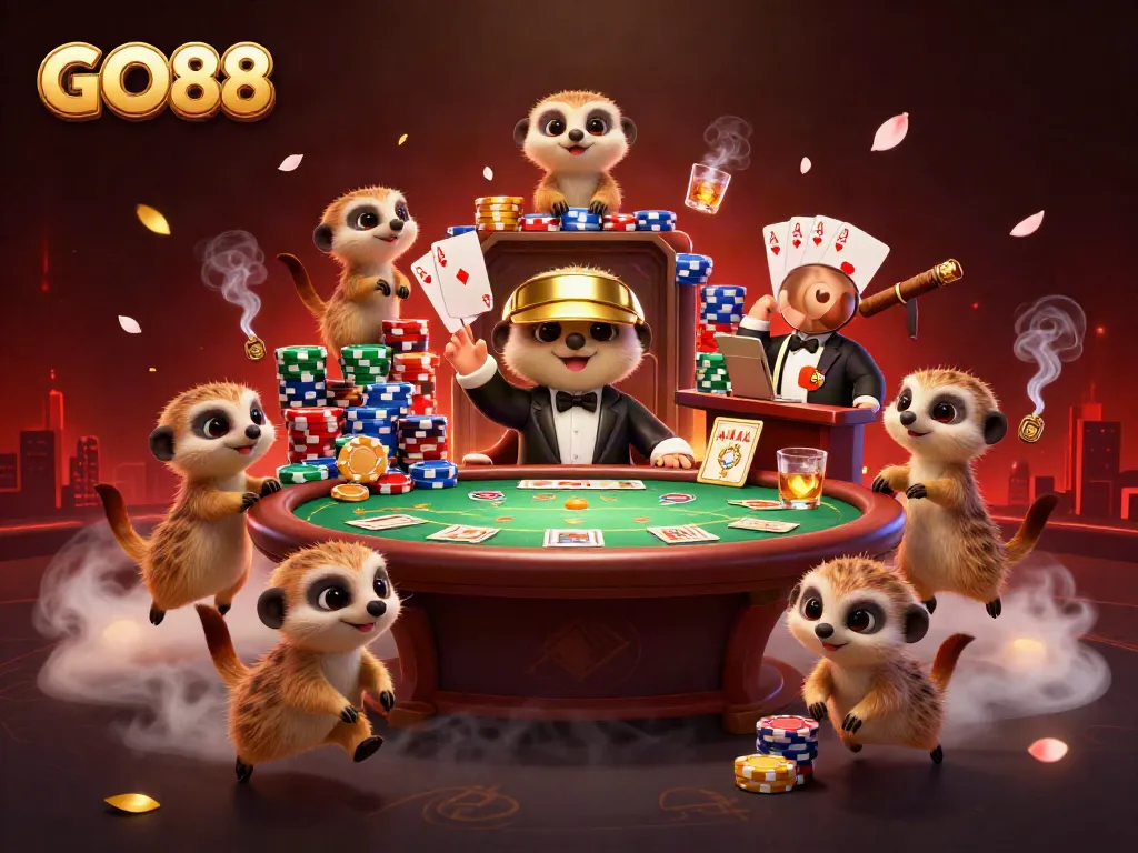 Experience GO88 casino thrills with lively meerkats managing vibrant gaming operations.