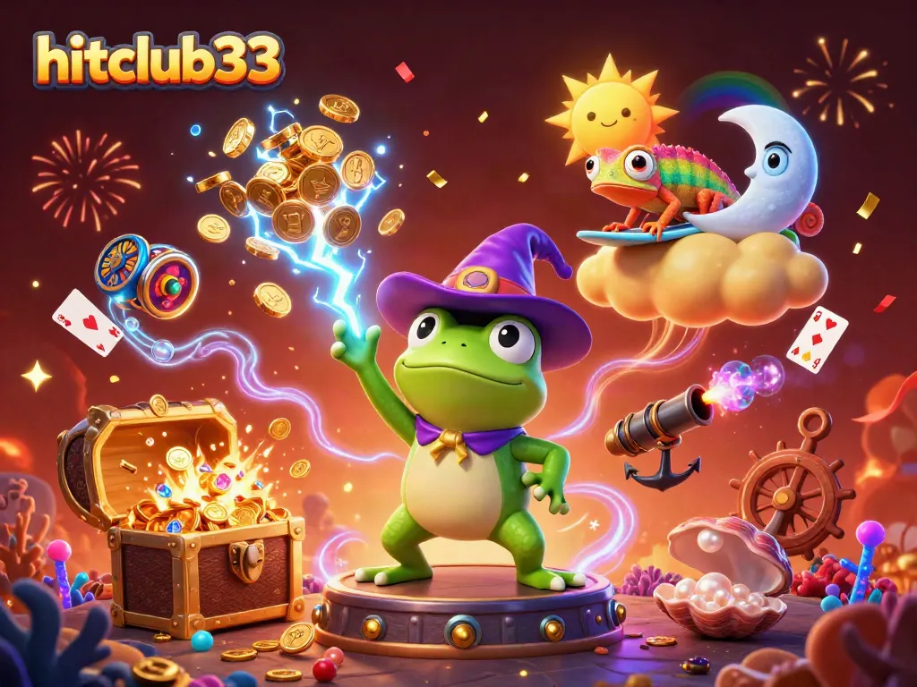 Engage with hitclub33 and experience a vibrant gambling scene with 3D characters surrounded by treasure and excitement.