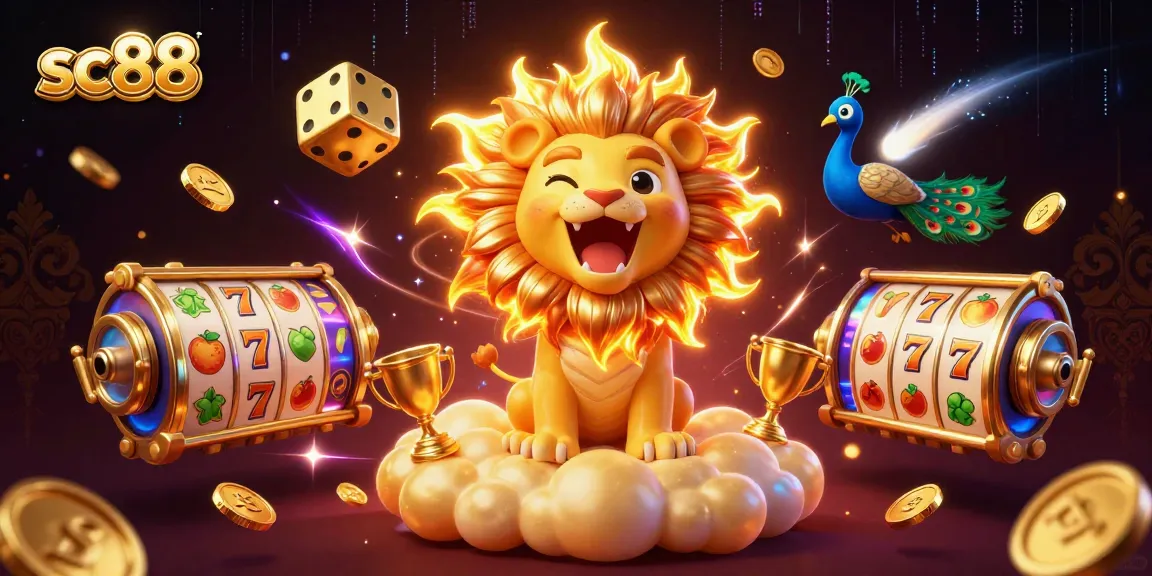 Experience the thrill of sc88 with a dynamic 3D illustration showcasing a roaring sun lion amidst captivating casino slots.