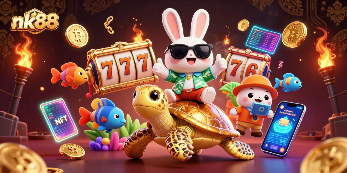 Win big with nk88's vibrant casino scene featuring a lucky rabbit and golden sea turtle.