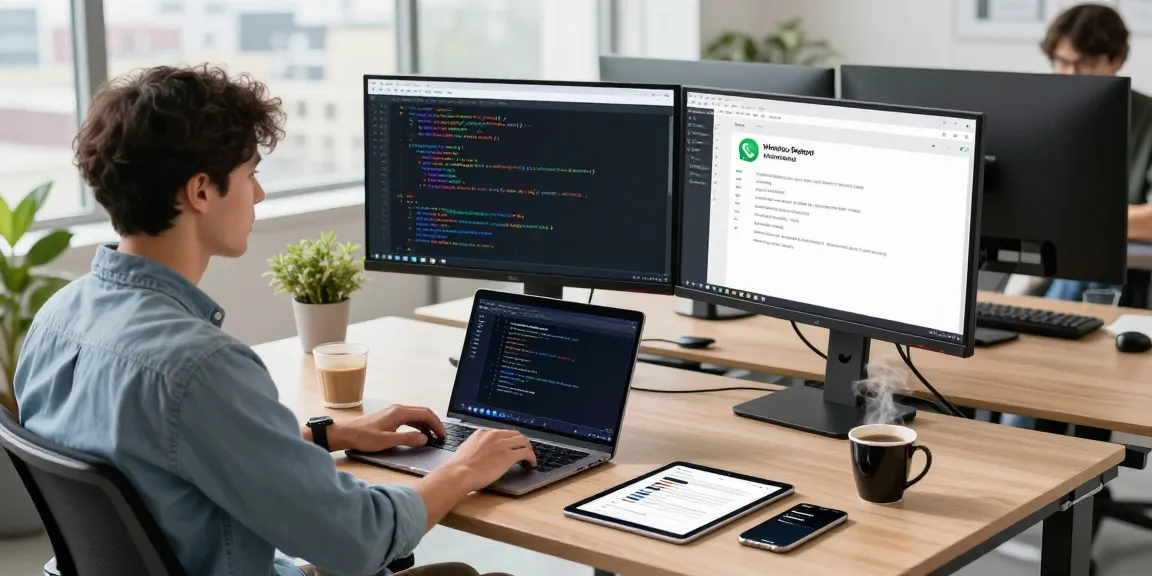 Engaging tech workspace with WhatsApp電腦版 displayed on dual monitors, emphasizing modern productivity.